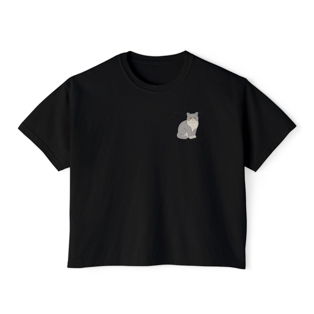 Boxy Tee — Minimal British Shorthair Cat Line Art Chest Graphic, Casual Women's Crop Top
