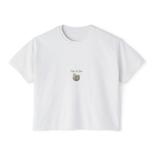 Boxy Tee — Take It Slow Sloth Graphic, Casual Women's Crop Top