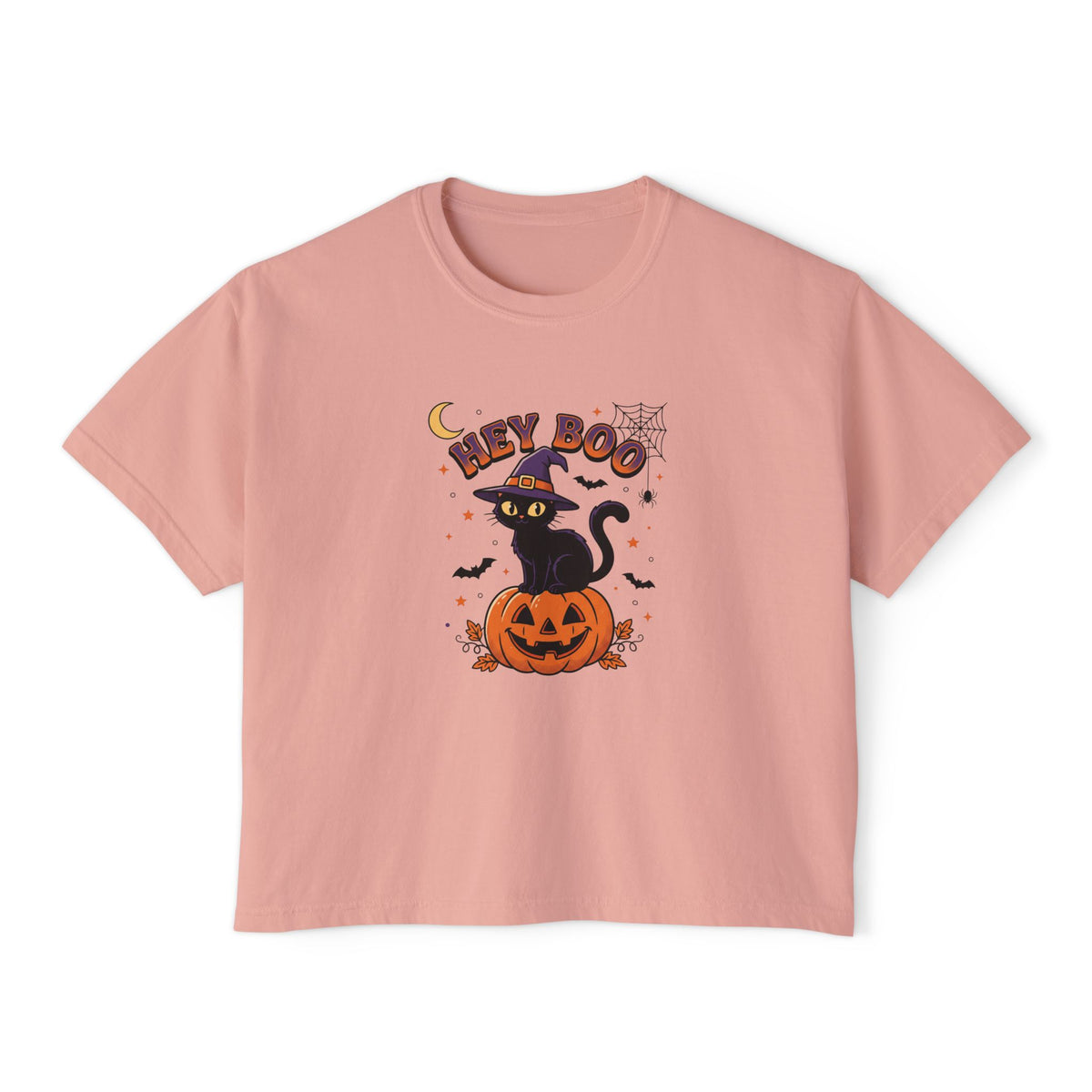 Peachy Hey Boo Black Cat boxy crop tee, flat lay (Color: Peachy)