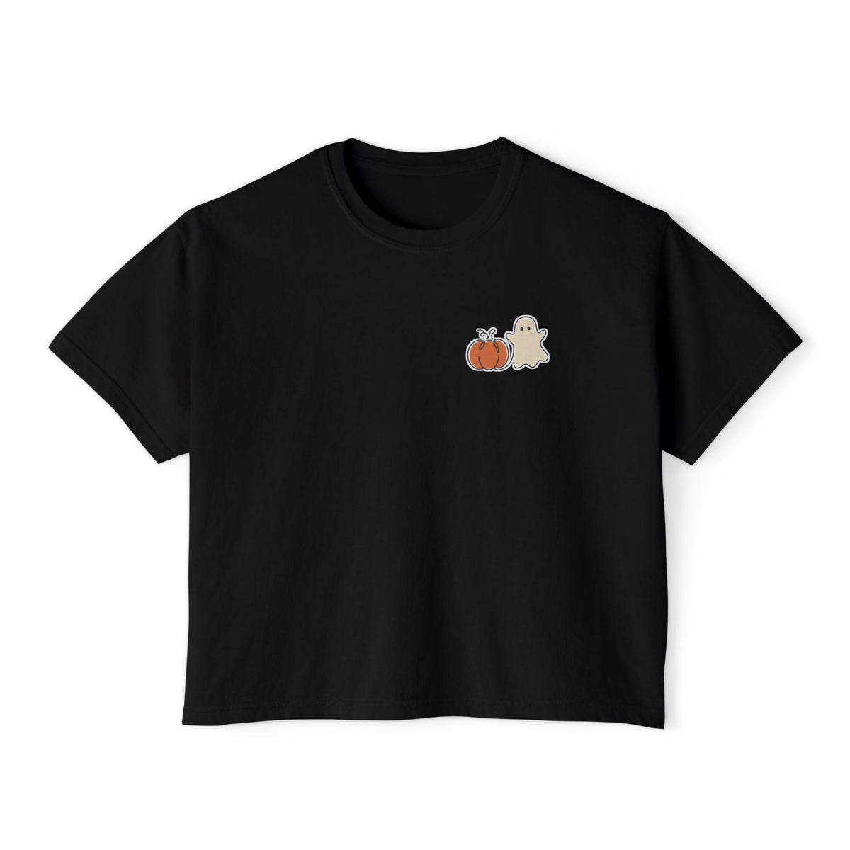 Boxy Tee — Halloween Pumpkin Ghost Graphic, Casual Women's Crop Top