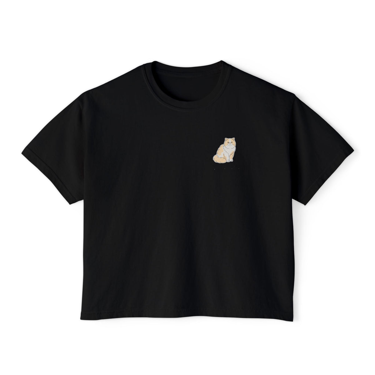 Boxy Tee — Minimal Persian Cat Line Art Chest Graphic, Casual Women's Crop Top