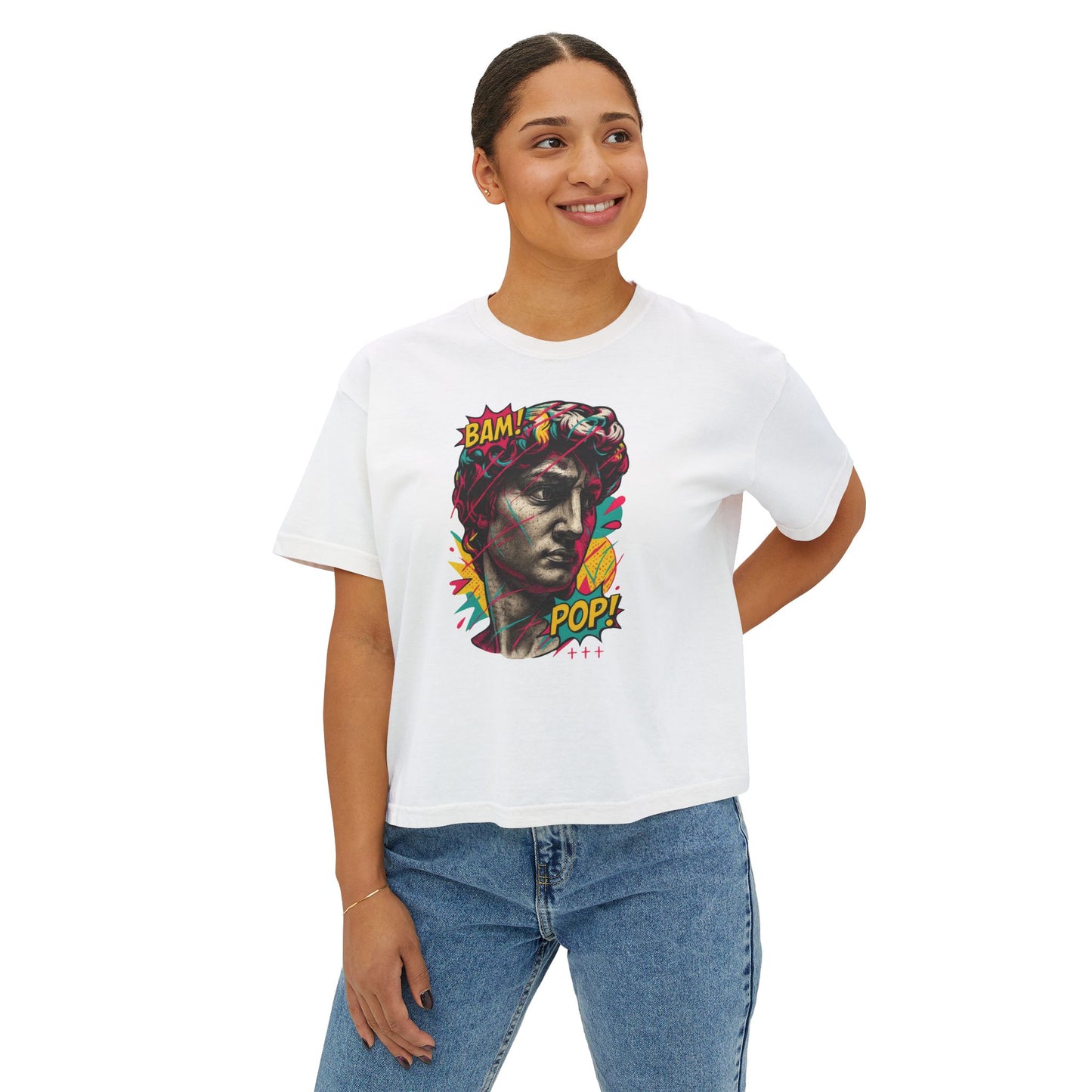 Pop Art David Crop Tee — "BAM! POP!" Graphic Women's Boxy T-Shirt