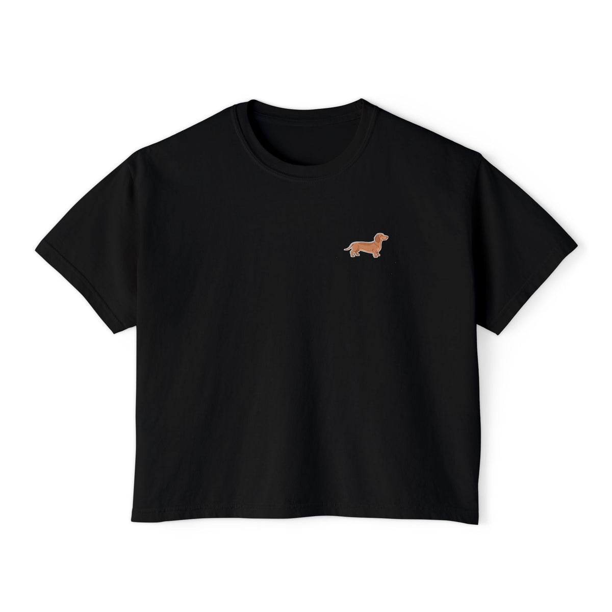 Boxy Tee — Minimal Dachshund Line Art Chest Graphic, Casual Women's Crop Top