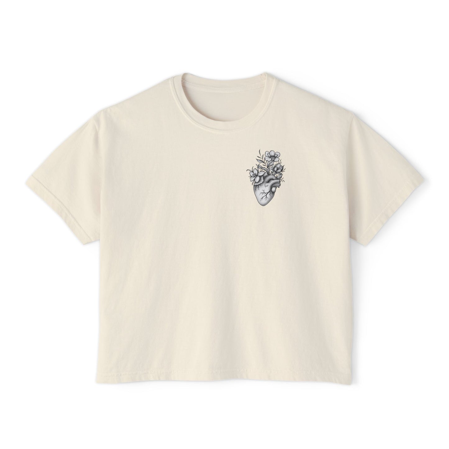 Boxy Tee — Minimal Floral Heart Chest Graphic, Women's Casual Crop T‑Shirt