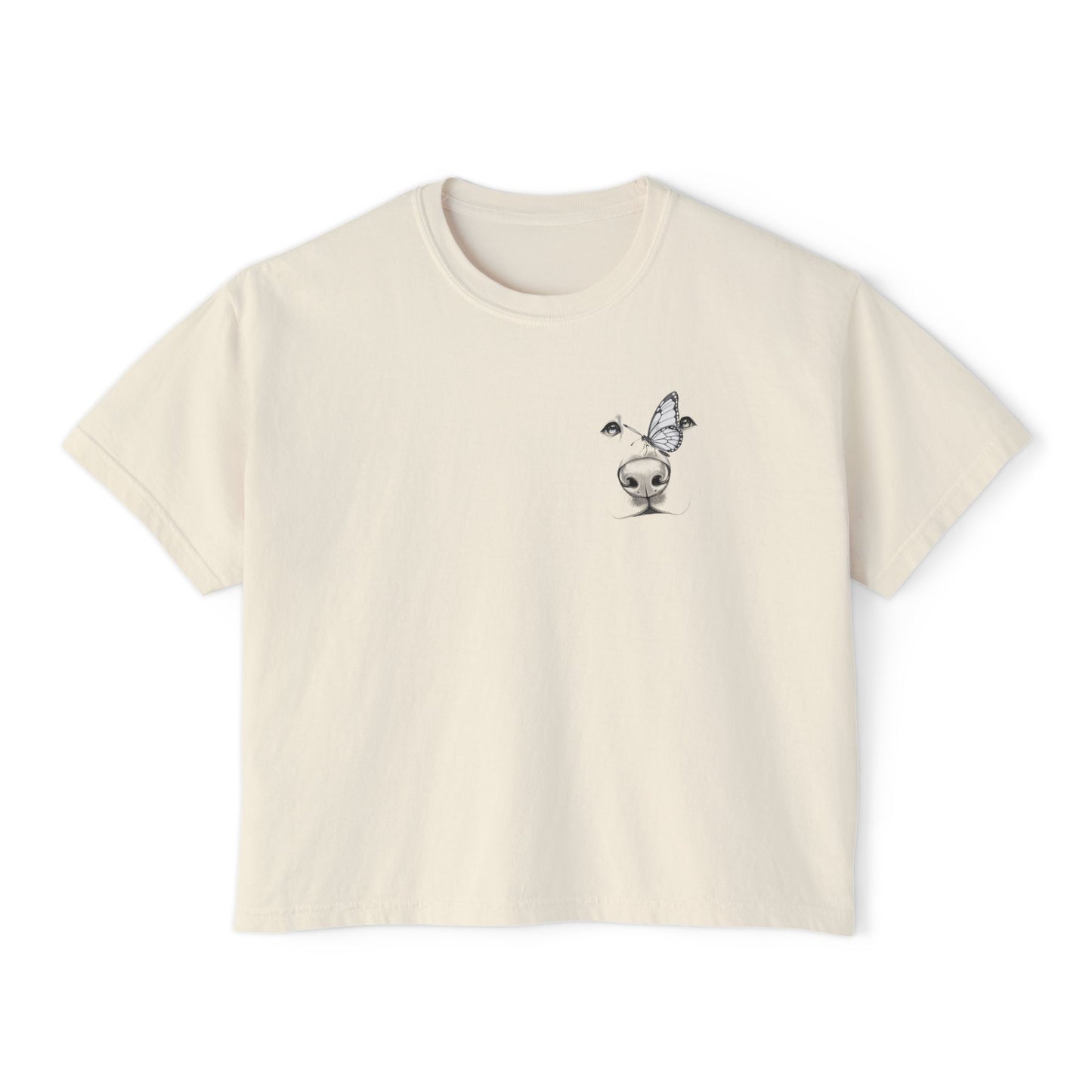 Women's Boxy Tee with Dog & Butterfly Chest Graphic — Edgy Minimalist Crop Top