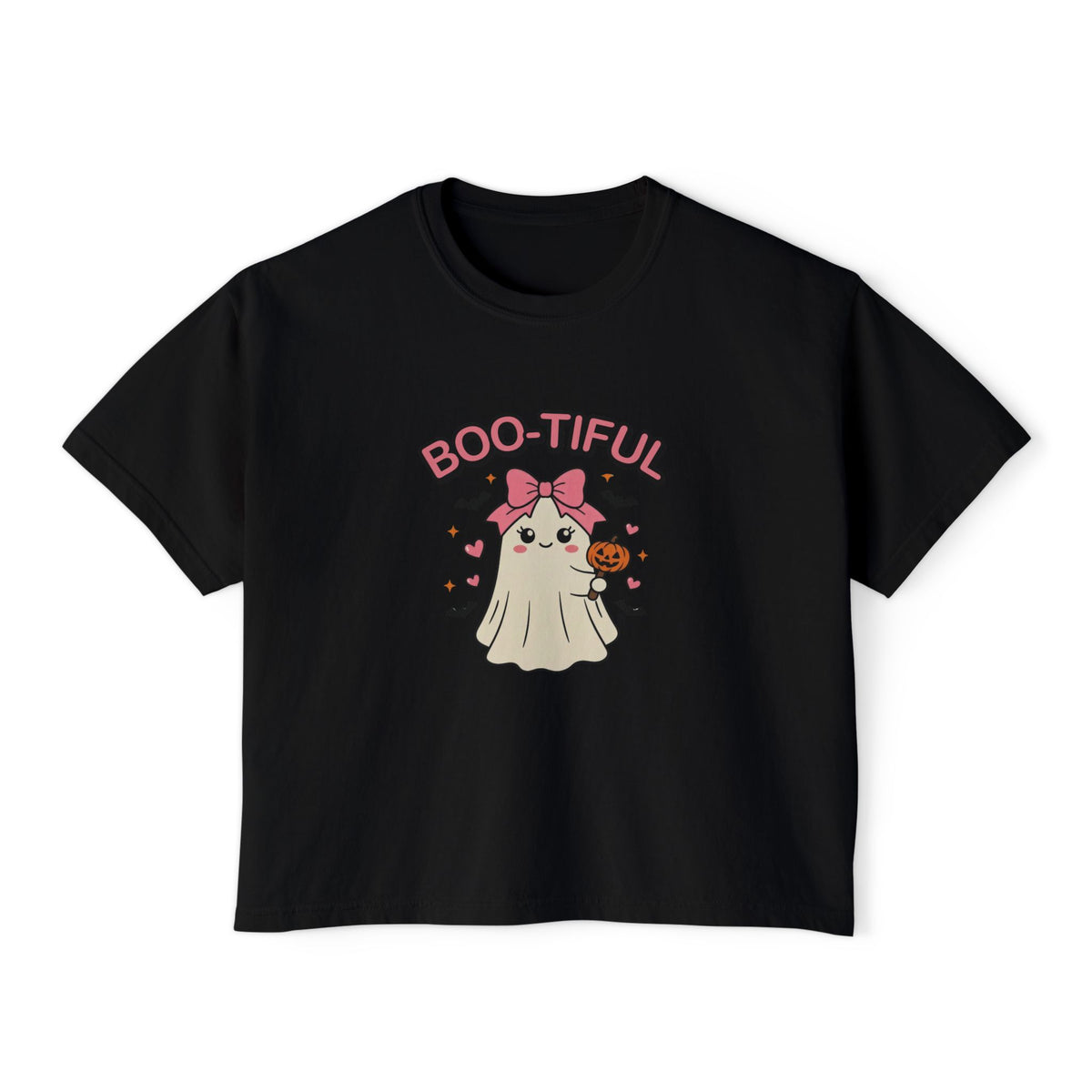 Black Boo-tiful Ghost boxy crop tee, flat lay (Color: Black)