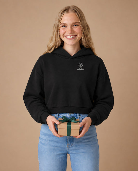 Sweet Season minimalist crop hoodie for women in Black, worn by model, studio photo