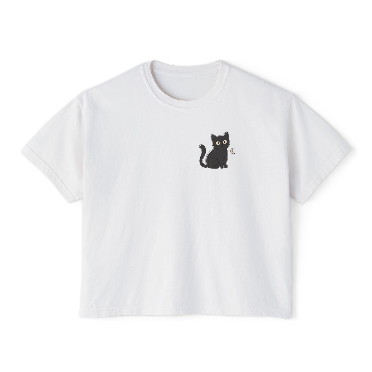 Boxy Tee — Black Cat Graphic, Casual Women's Crop Top