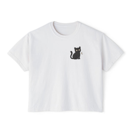 Boxy Tee — Black Cat Graphic, Casual Women's Crop Top