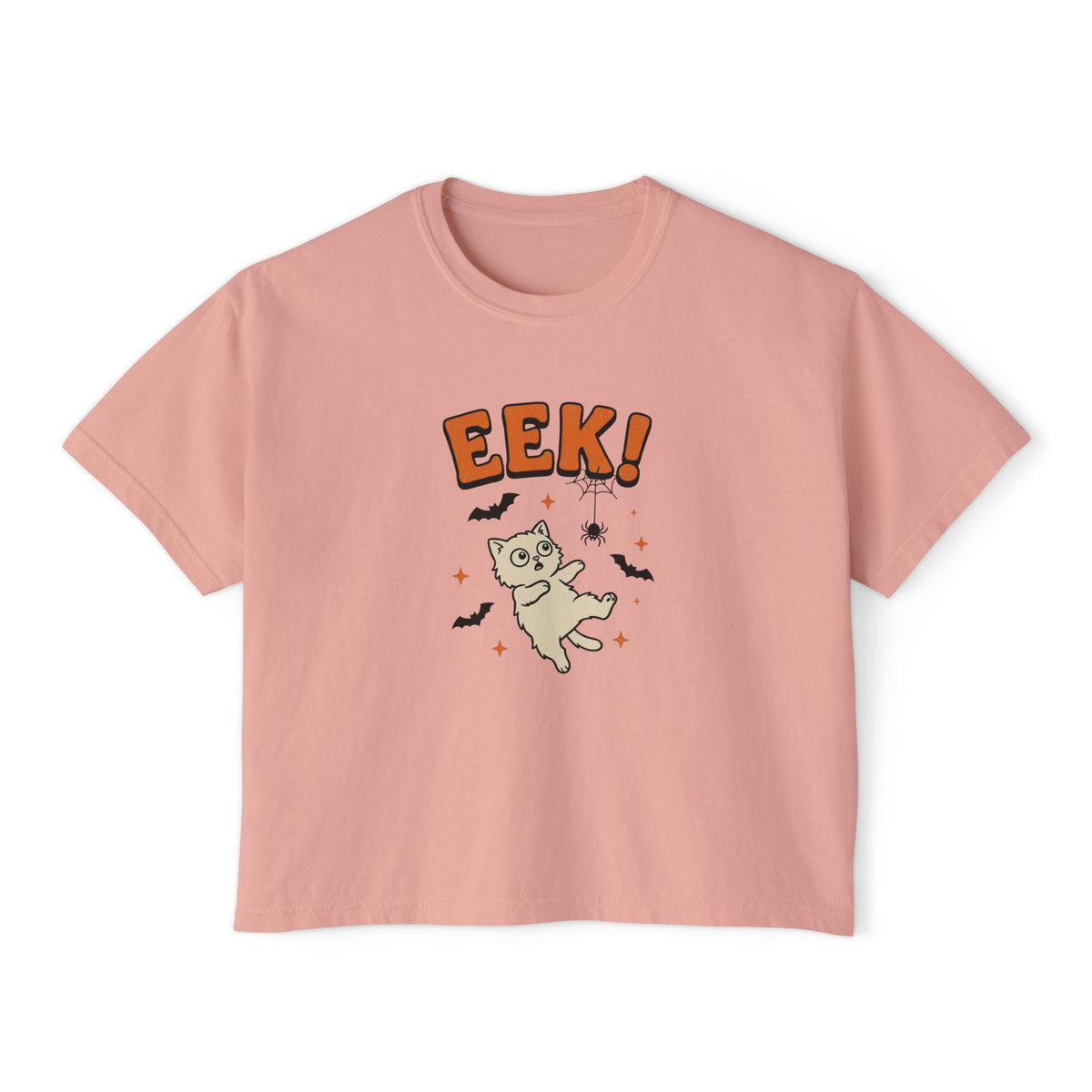Peachy Eek! scared cat boxy crop tee, flat lay (Color: Peachy)