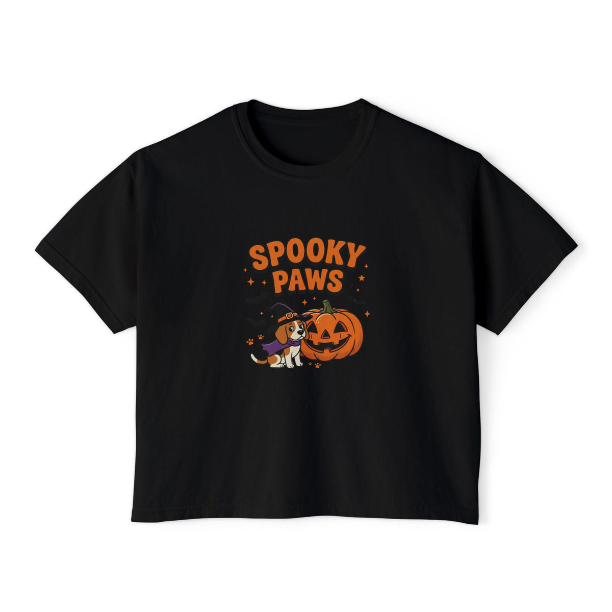 Black Spooky Paws Dog boxy crop tee, flat lay (Color: Black)