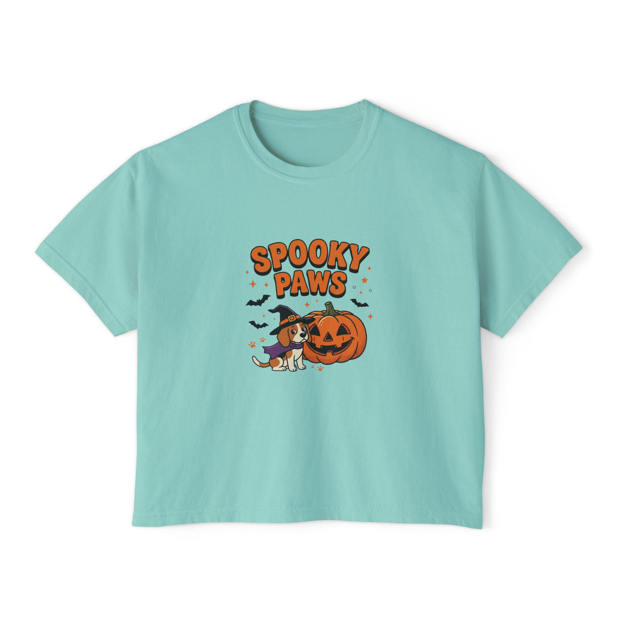 Chalky Mint Spooky Paws Dog boxy crop tee, flat lay (Color: Chalky Mint)