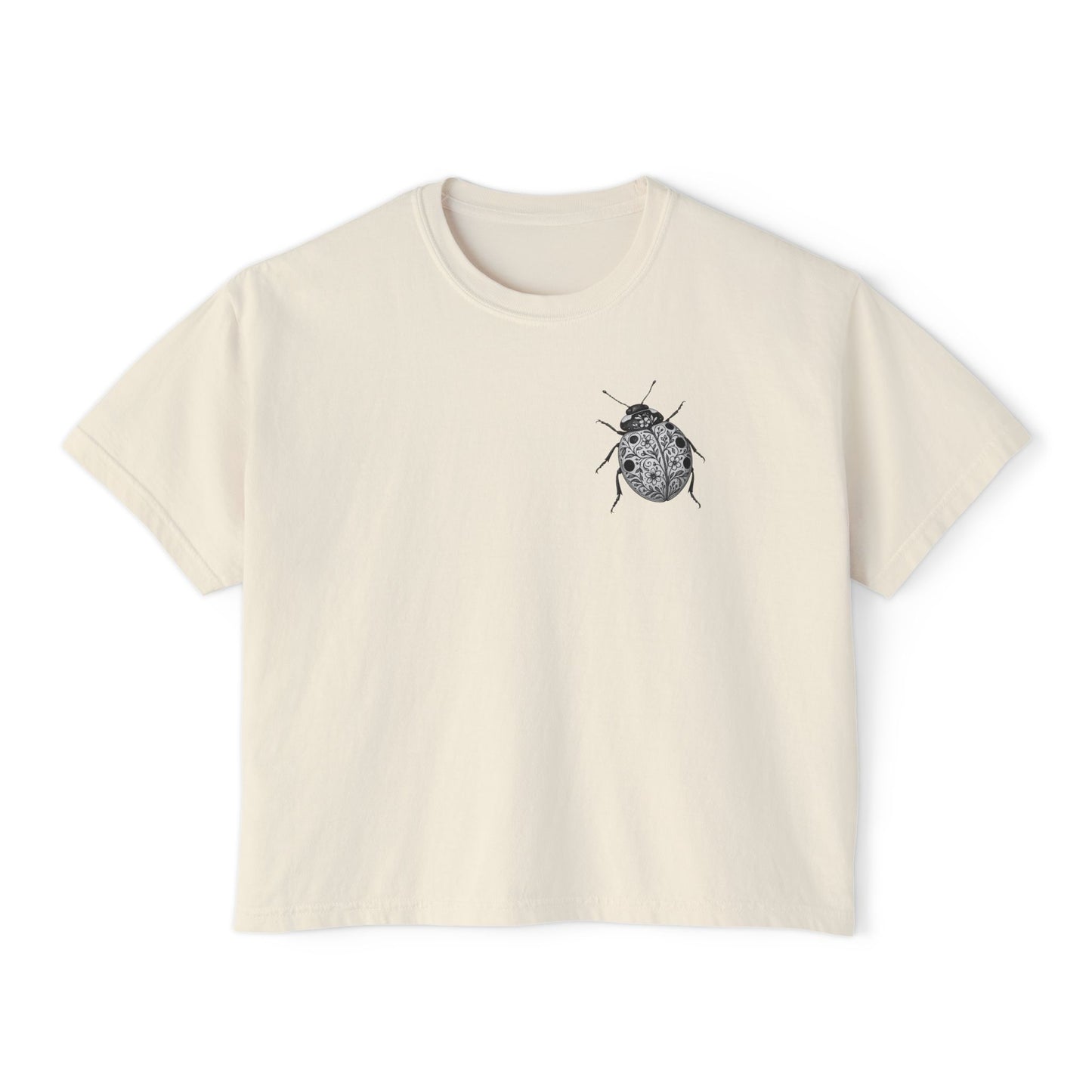 Ladybug Pocket Tee — Women's Boxy Crop T-Shirt with Minimal Bug Illustration
