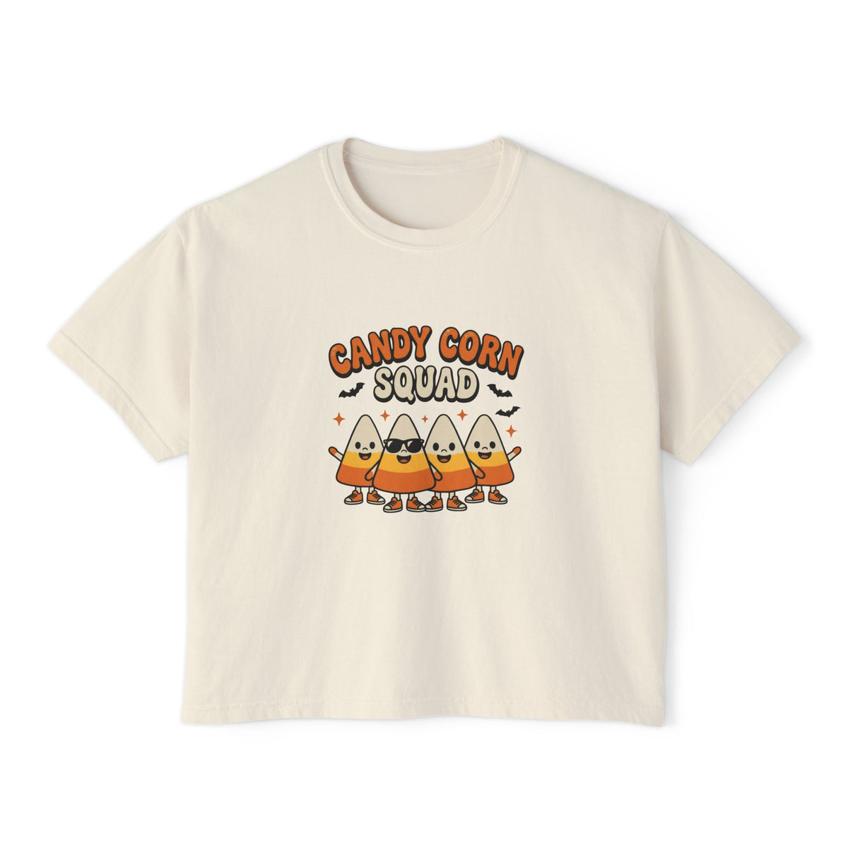 Ivory Candy Corn Squad boxy crop tee, flat lay (Color: Ivory)
