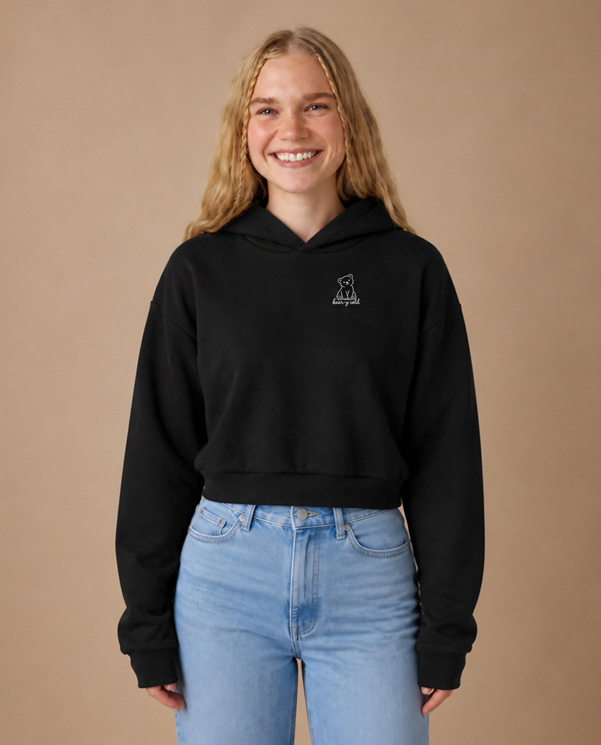 Bear-y Cold minimalist crop hoodie for women in Black, worn by model, studio photo