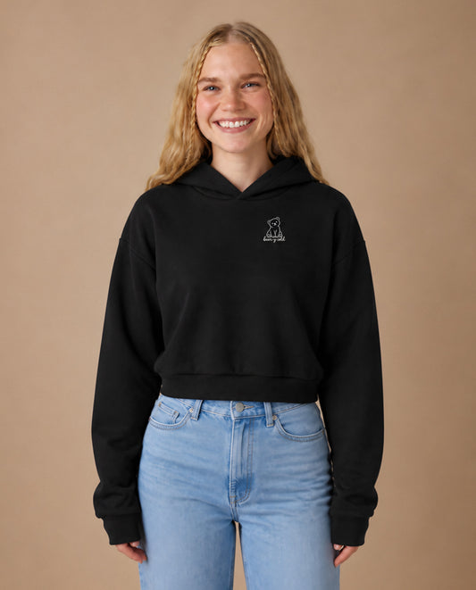 Bear-y Cold minimalist crop hoodie for women in Black, worn by model, studio photo