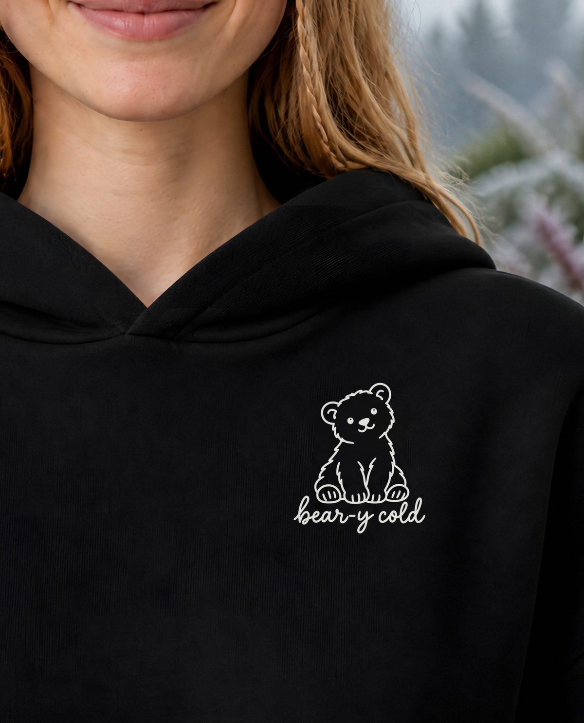Bear-y Cold minimalist crop hoodie for women in Black, print close-up