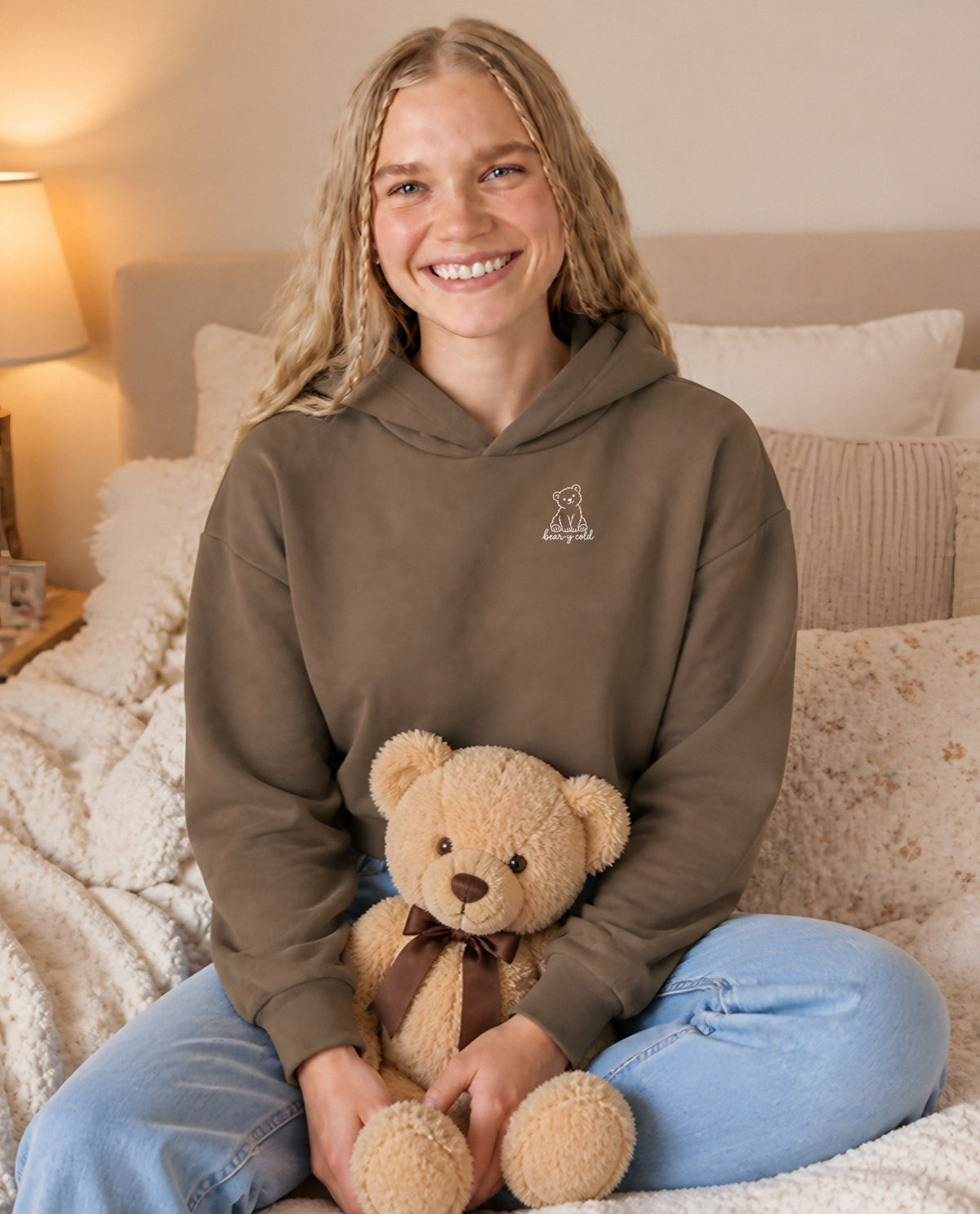 Bear-y Cold minimalist crop hoodie for women in Coffee, worn by model, lifestyle photo