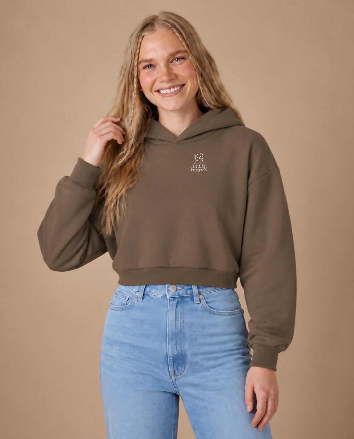 Bear-y Cold minimalist crop hoodie for women in Coffee, worn by model, studio photo