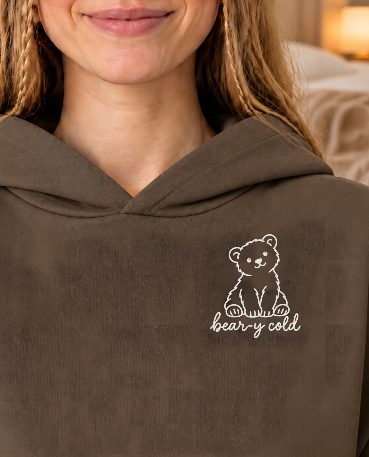 Bear-y Cold minimalist crop hoodie for women in Coffee, print close-up