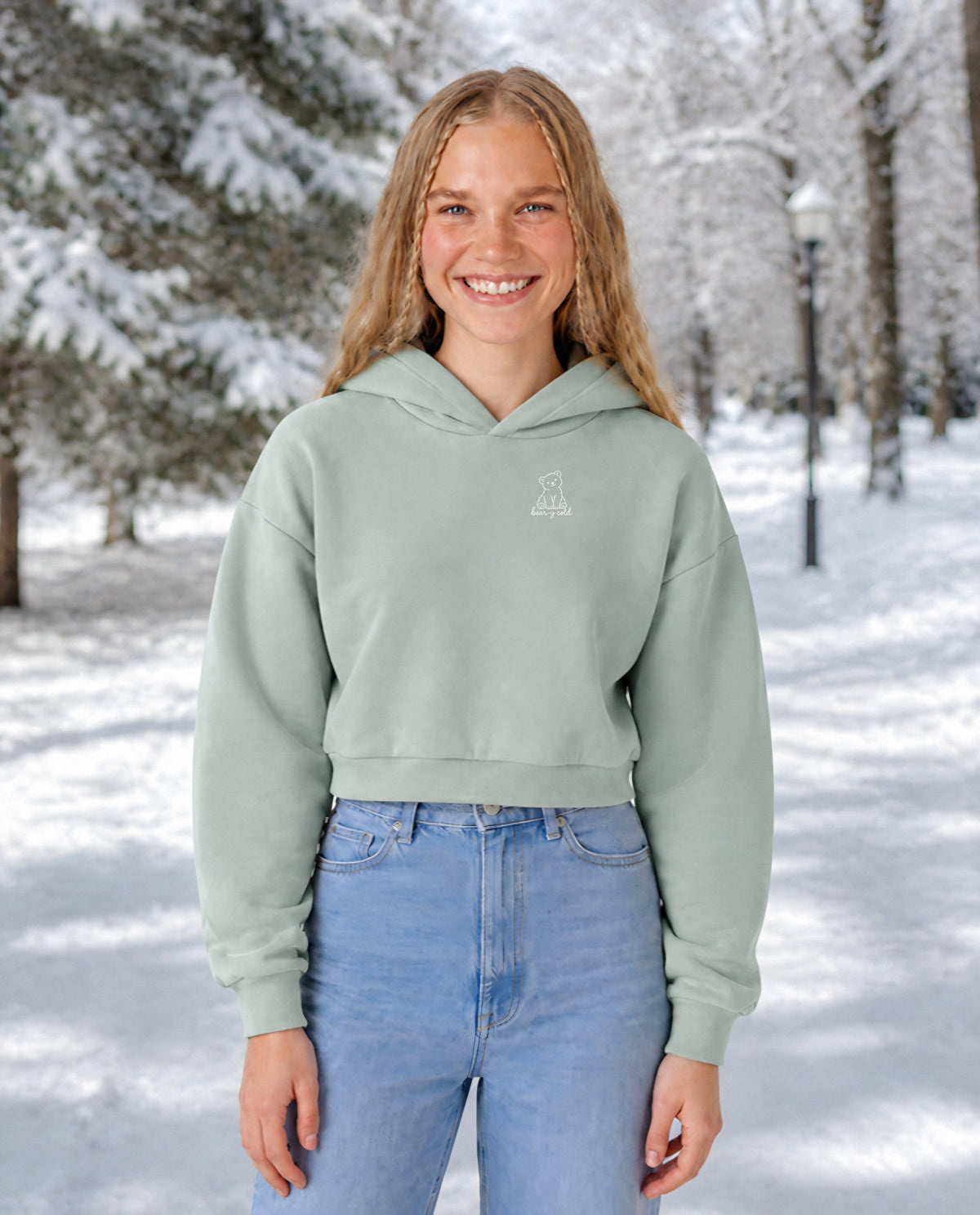 Bear-y Cold minimalist crop hoodie for women in Matcha, worn by model, lifestyle photo