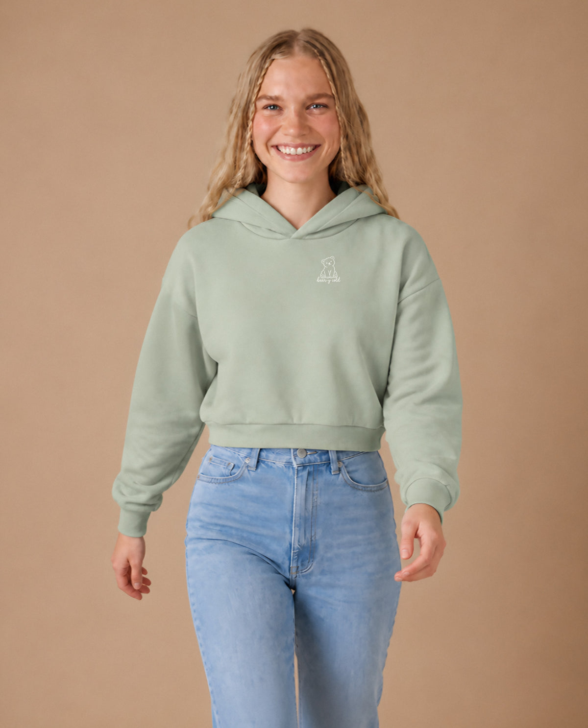 Bear-y Cold minimalist crop hoodie for women in Matcha, worn by model, studio photo