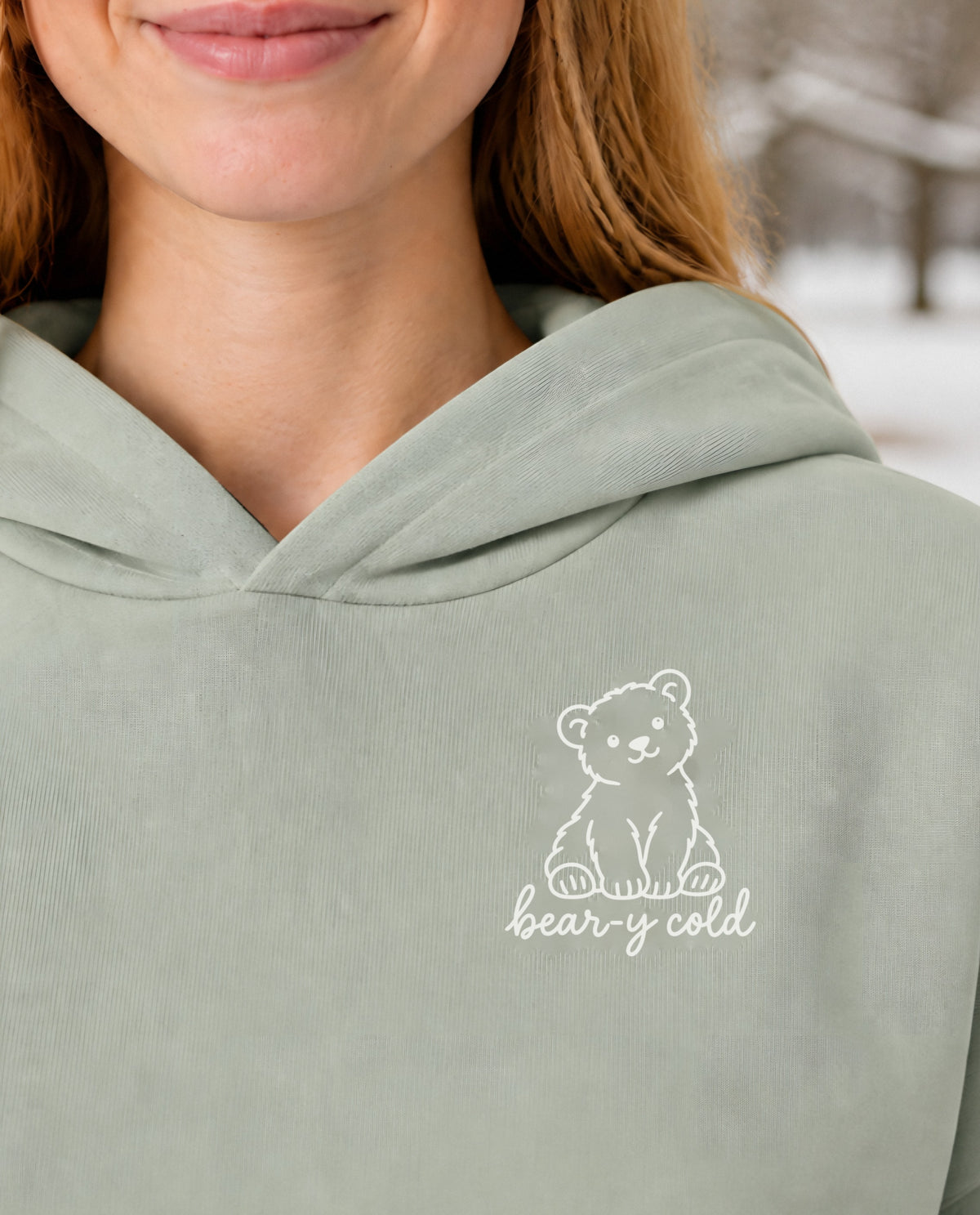 Bear-y Cold minimalist crop hoodie for women in Matcha, print close-up