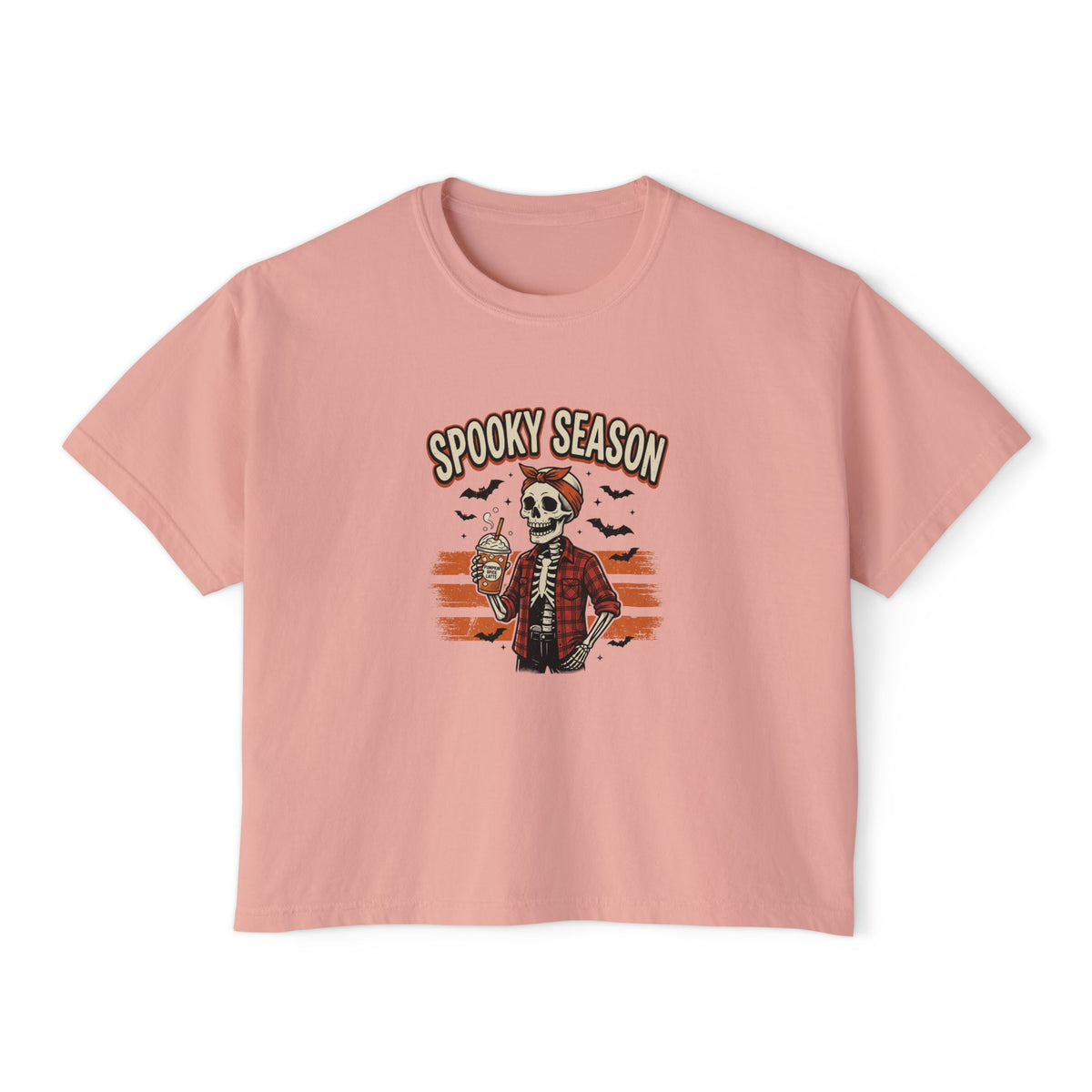 Spooky Season skeleton Halloween graphic crop tee for women, photo 3 (Color: Peachy)