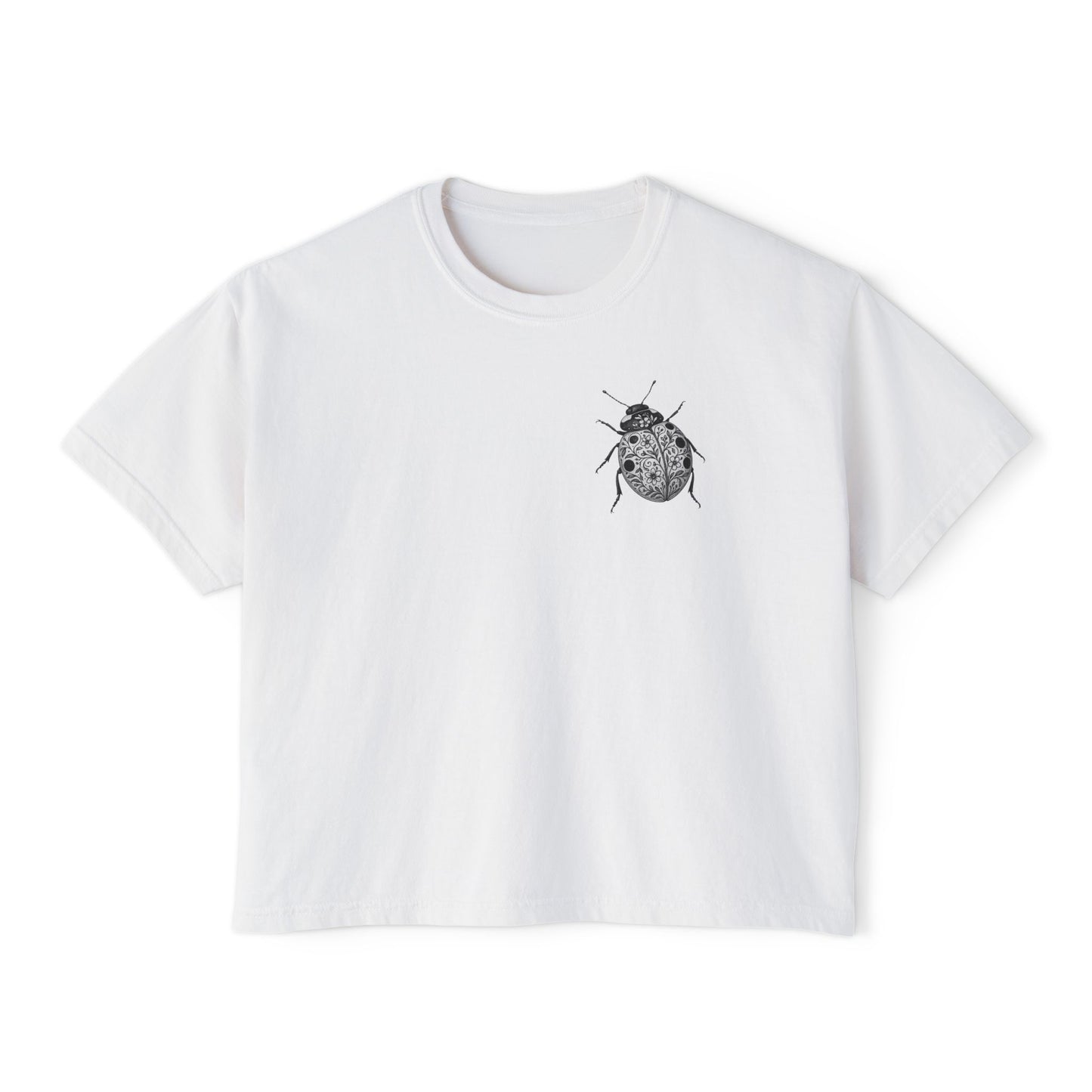 Ladybug Pocket Tee — Women's Boxy Crop T-Shirt with Minimal Bug Illustration
