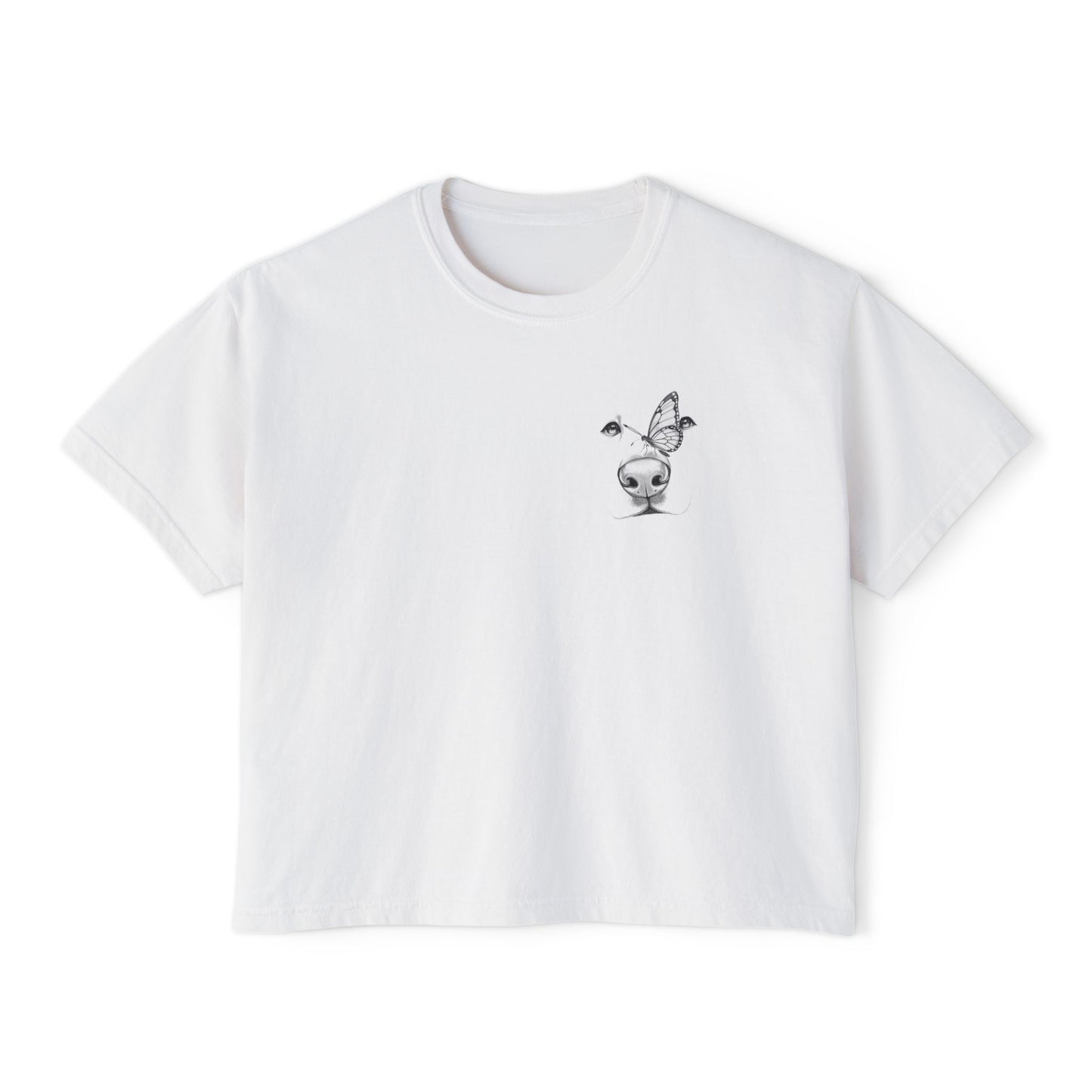 Women's Boxy Tee with Dog & Butterfly Chest Graphic — Edgy Minimalist Crop Top
