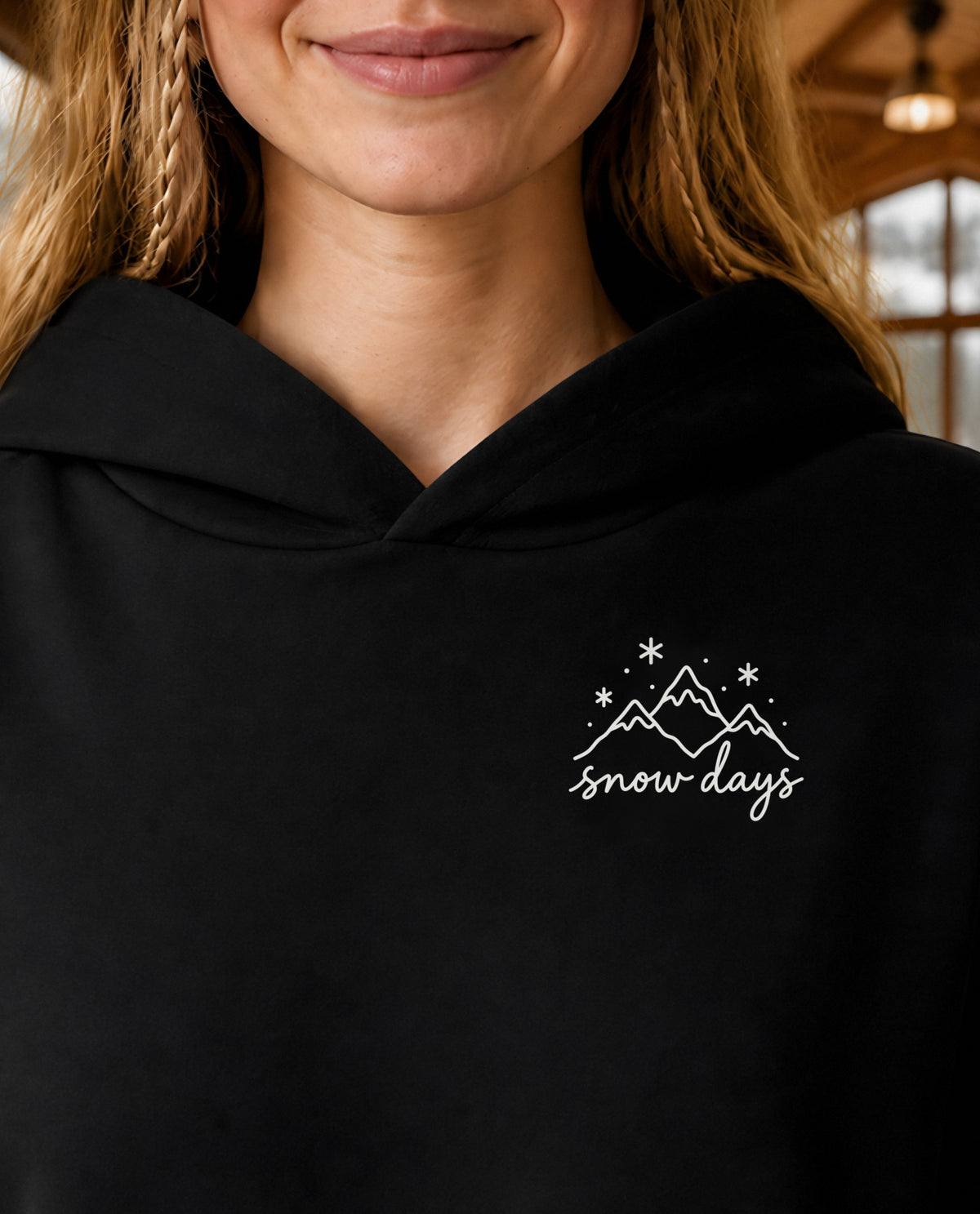 Snow Days minimalist crop hoodie for women in Black, print close-up