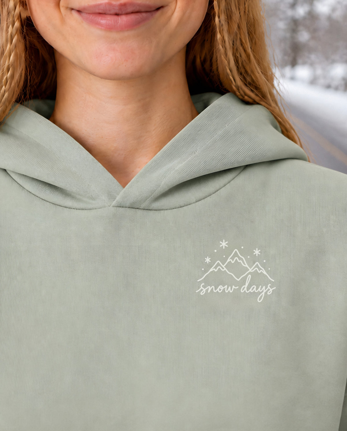 Snow Days minimalist crop hoodie for women in Matcha, print close-up
