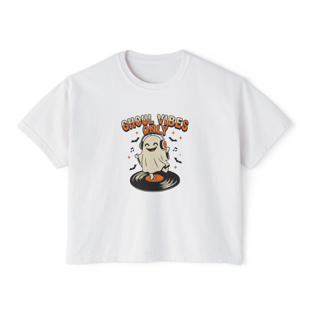White Ghoul Vibes Only Ghost boxy crop tee, flat lay (Color: White)