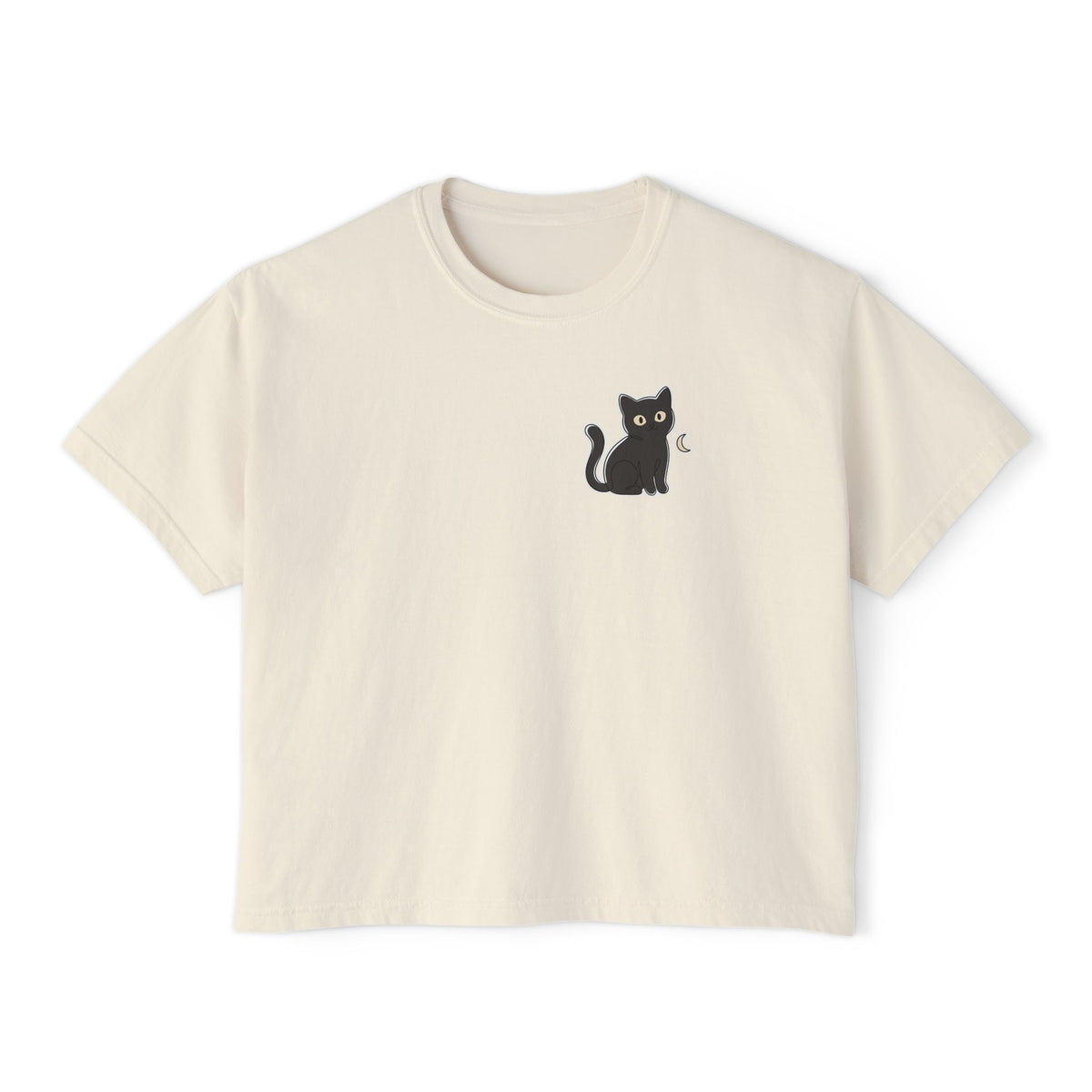 Boxy Tee — Black Cat Graphic, Casual Women's Crop Top