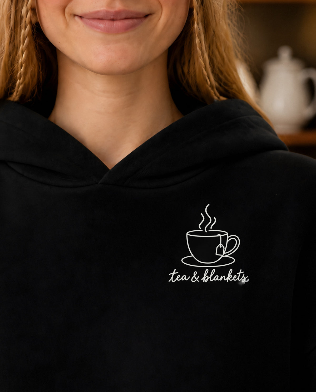Tea & Blankets minimalist crop hoodie for women in Black, print close-up