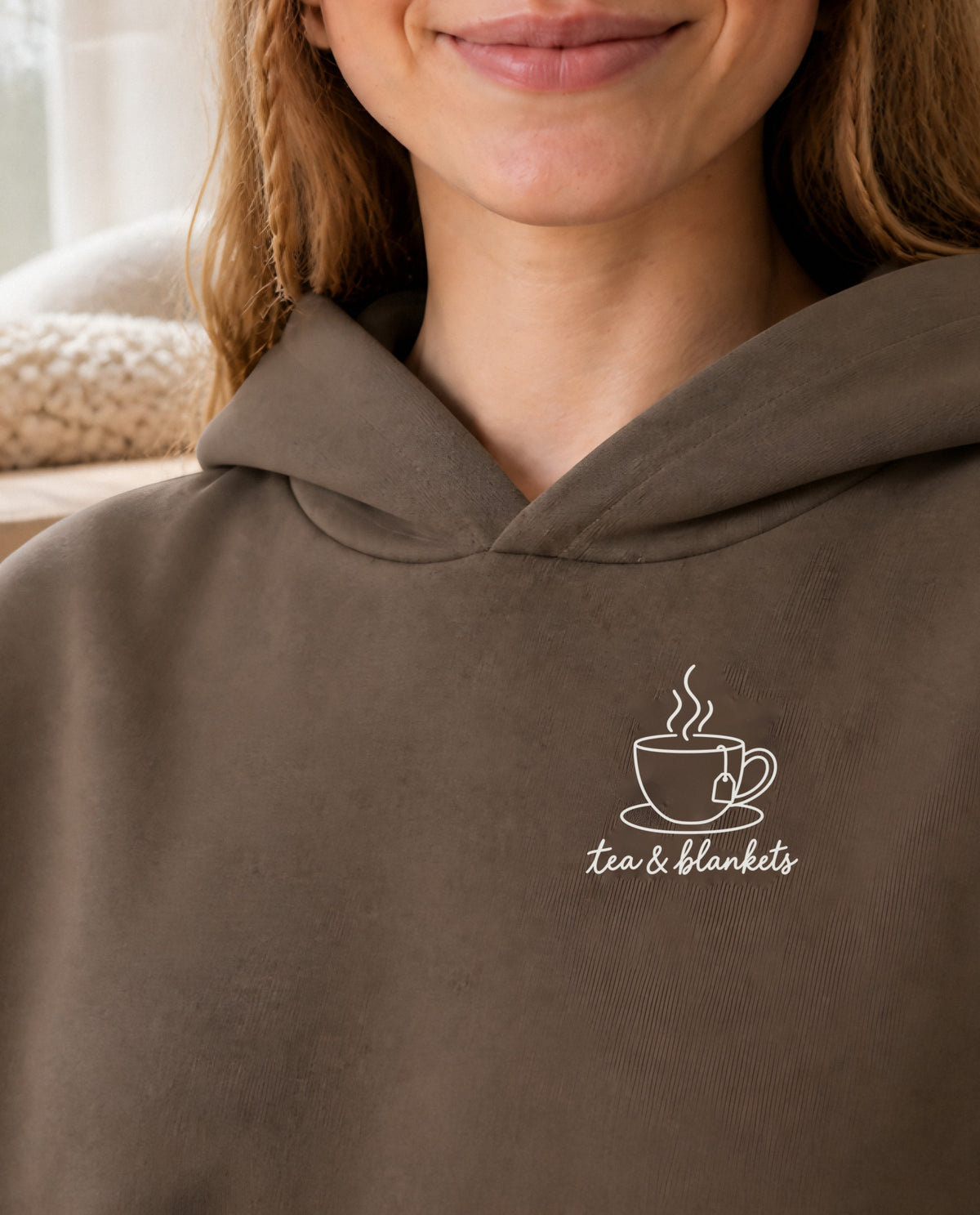 Tea & Blankets minimalist crop hoodie for women in Coffee, print close-up