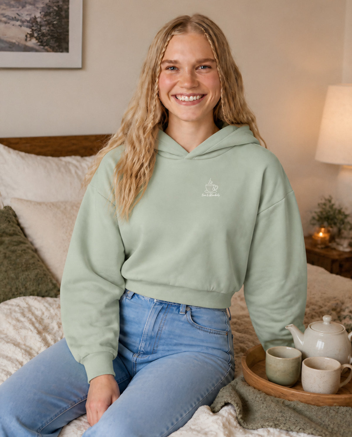 Tea & Blankets minimalist crop hoodie for women in Matcha, worn by model, lifestyle photo
