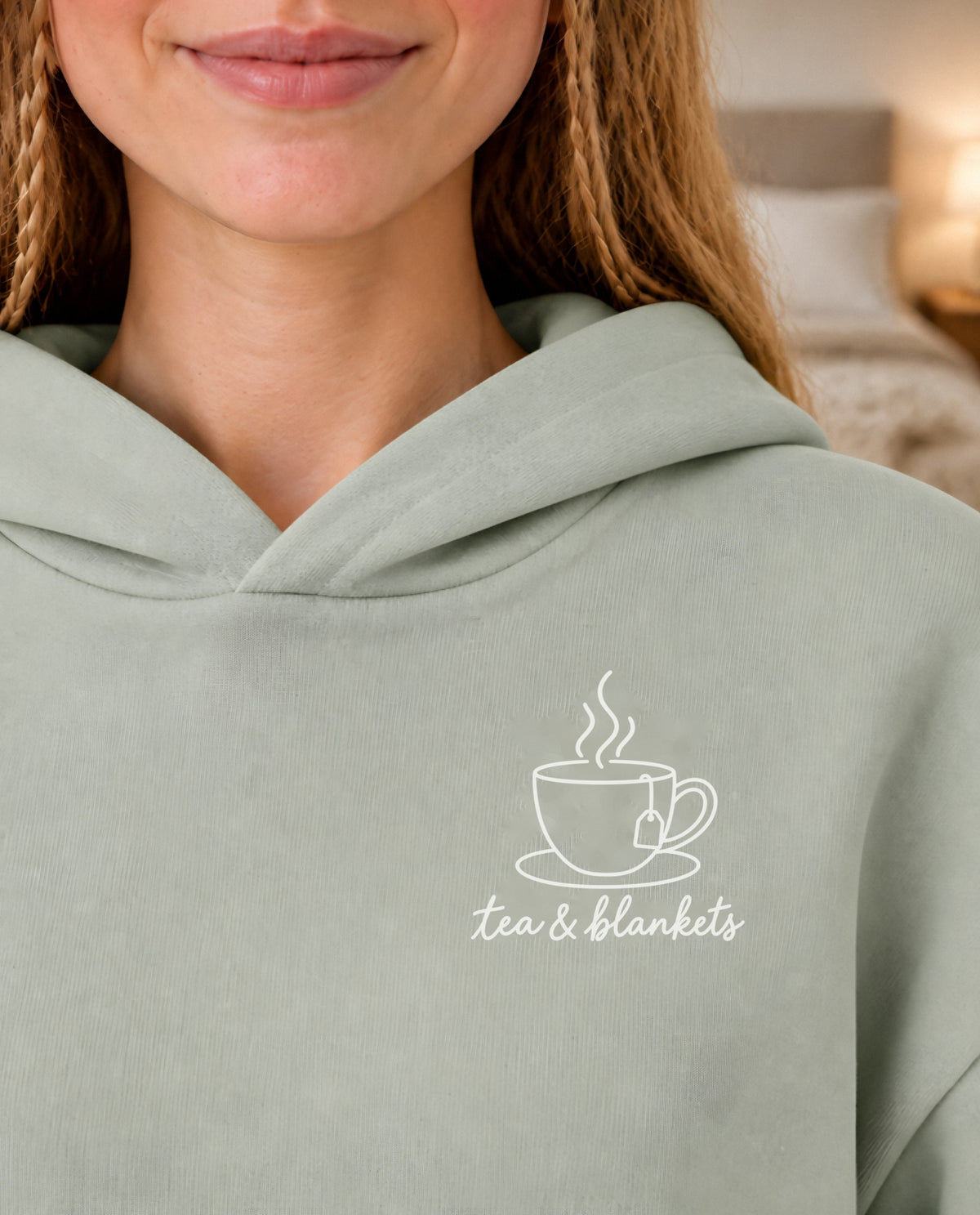 Tea & Blankets minimalist crop hoodie for women in Matcha, print close-up