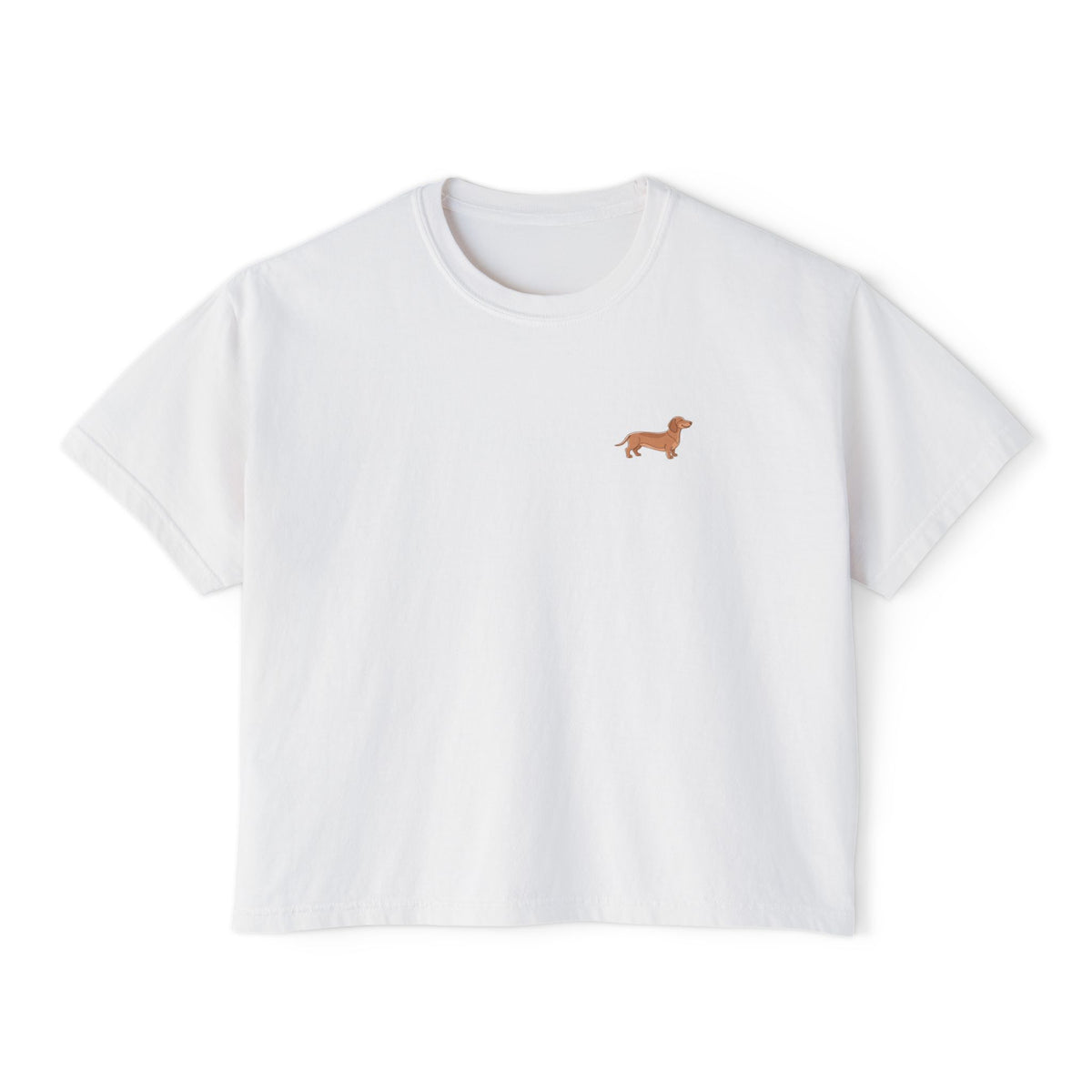 Boxy Tee — Minimal Dachshund Line Art Chest Graphic, Casual Women's Crop Top