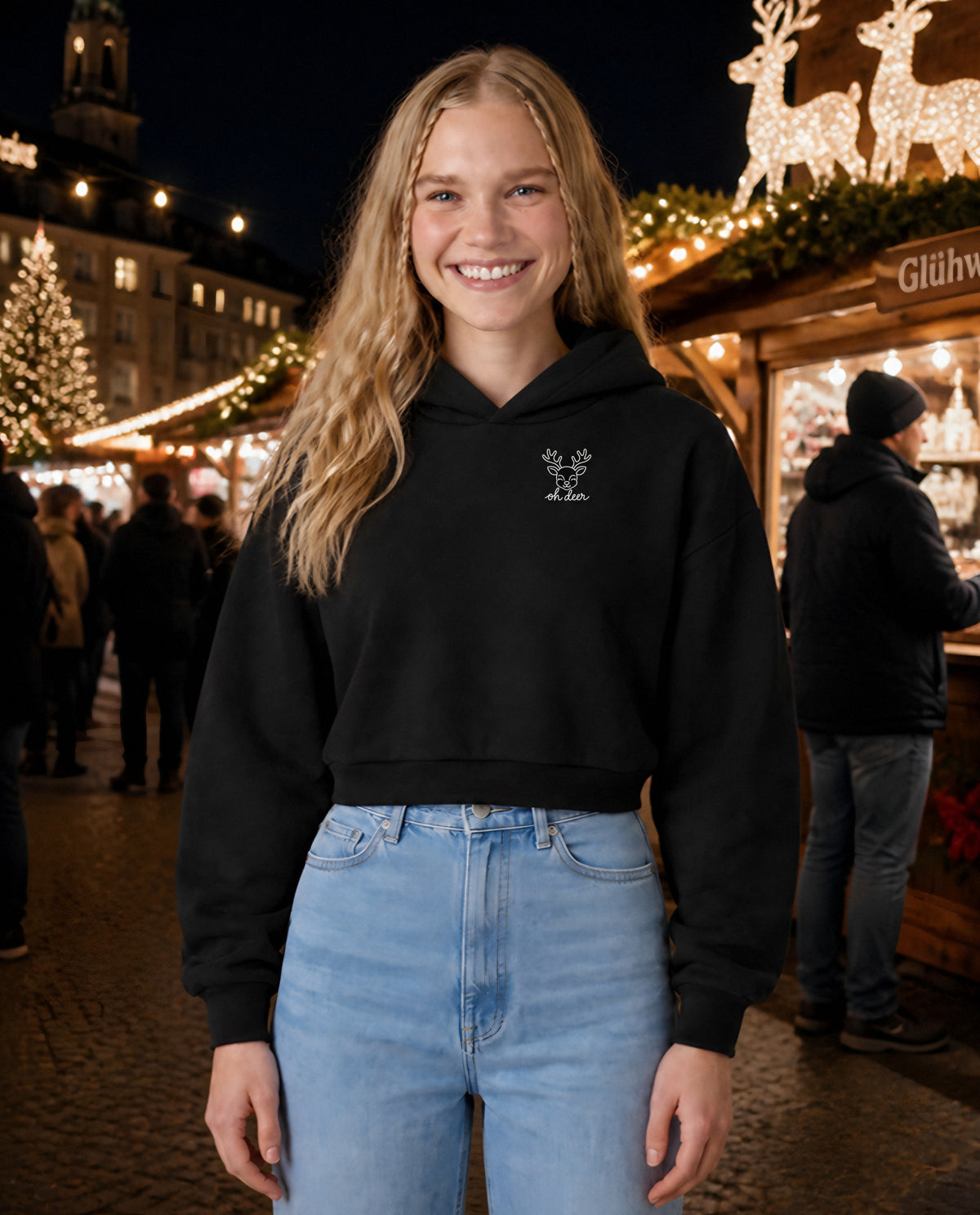 Oh Deer minimalist crop hoodie for women in Black, worn by model, lifestyle photo