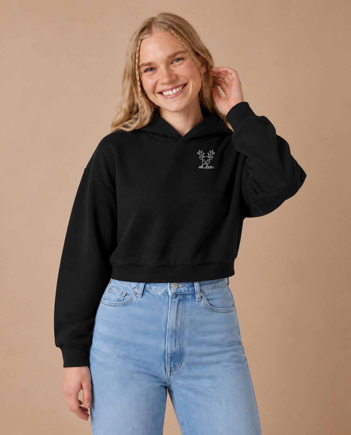 Oh Deer minimalist crop hoodie for women in Black, worn by model, studio photo