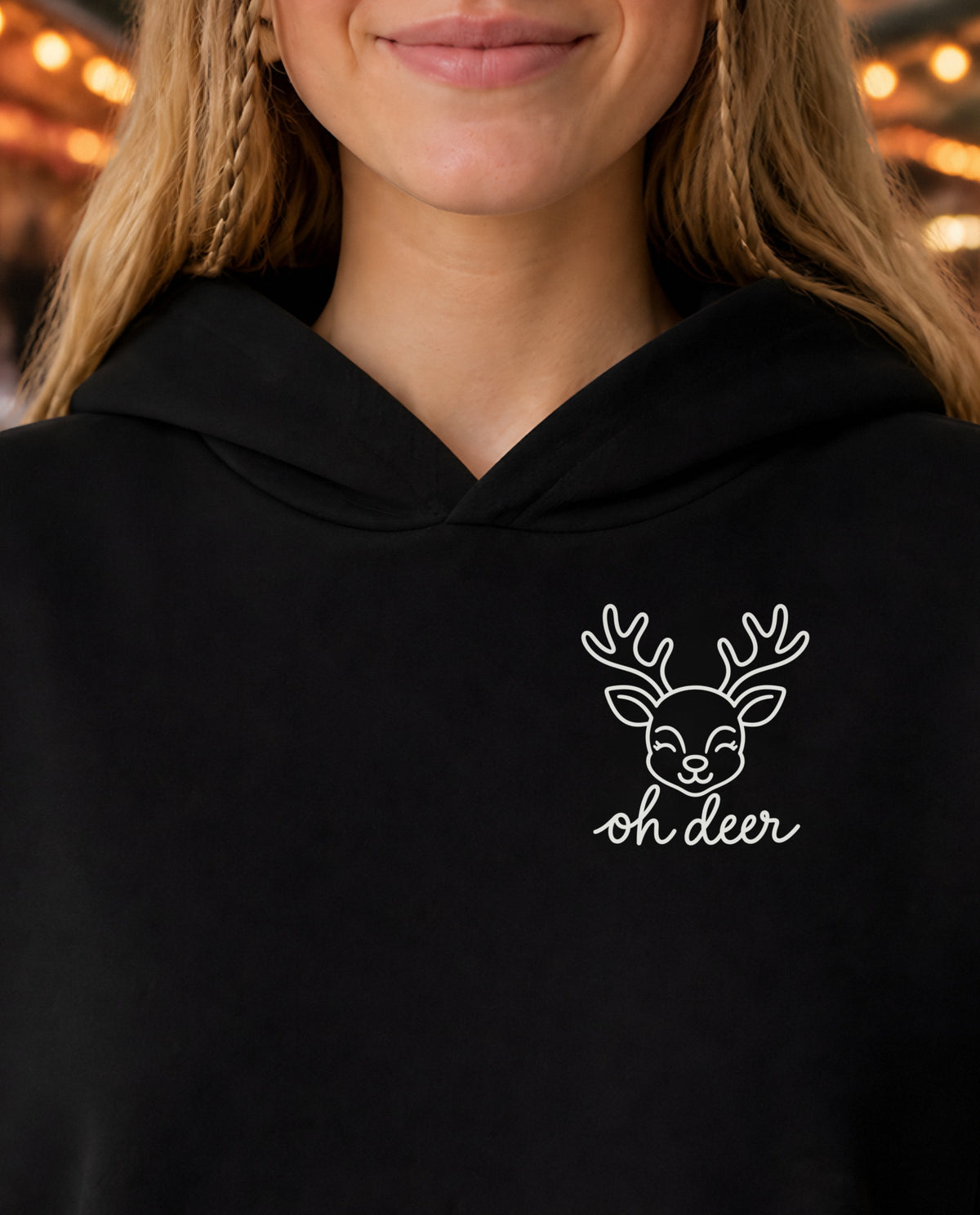 Oh Deer minimalist crop hoodie for women in Black, print close-up
