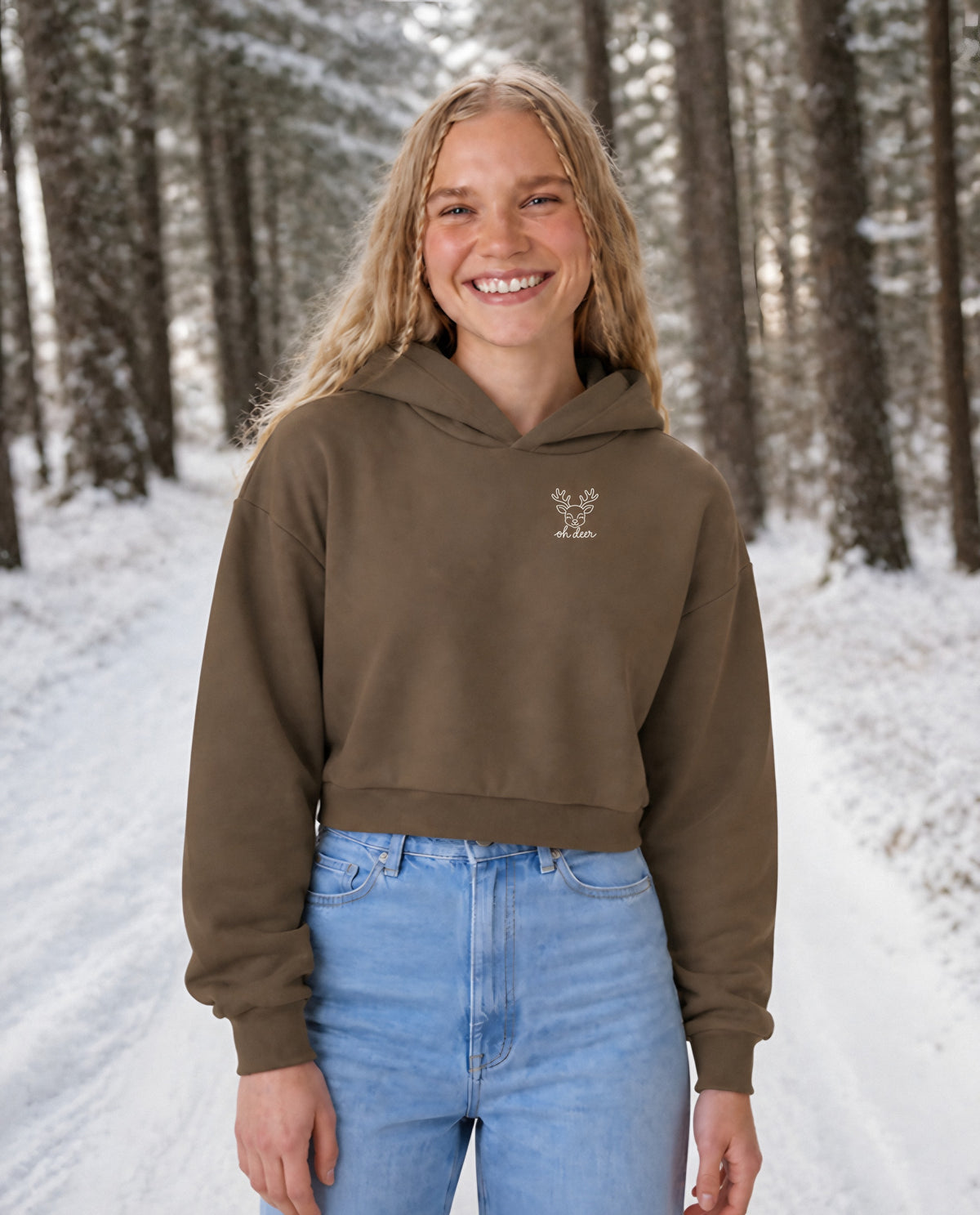 Oh Deer minimalist crop hoodie for women in Coffee, worn by model, lifestyle photo