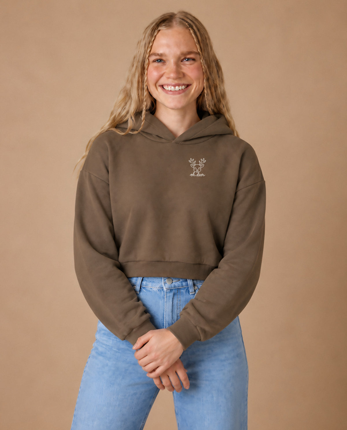 Oh Deer minimalist crop hoodie for women in Coffee, worn by model, studio photo