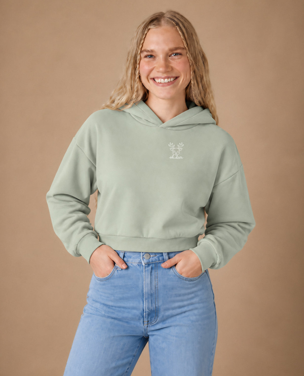 Oh Deer minimalist crop hoodie for women in Matcha, worn by model, studio photo