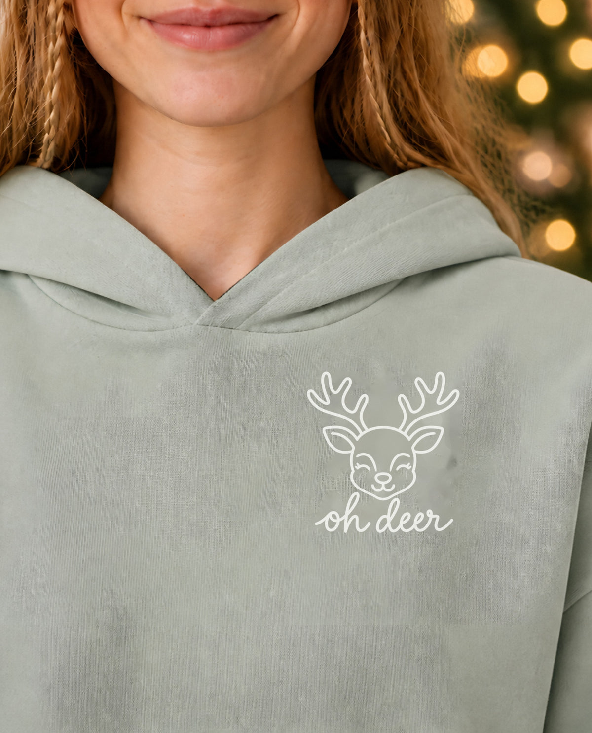 Oh Deer minimalist crop hoodie for women in Matcha, print close-up