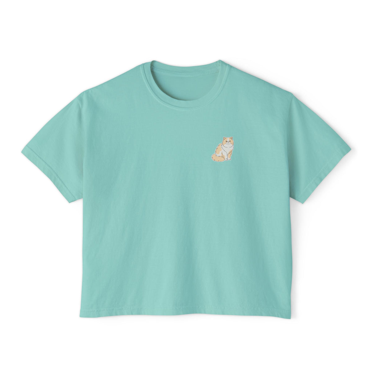 Boxy Tee — Minimal Persian Cat Line Art Chest Graphic, Casual Women's Crop Top