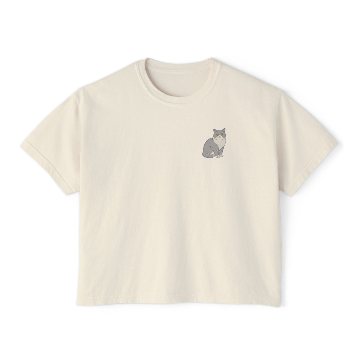 Boxy Tee — Minimal British Shorthair Cat Line Art Chest Graphic, Casual Women's Crop Top