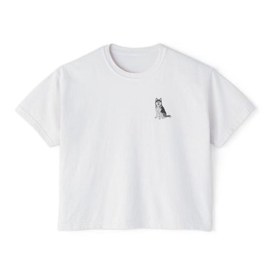 Boxy Tee — Minimal Husky Line Art Chest Graphic, Casual Women's Crop Top