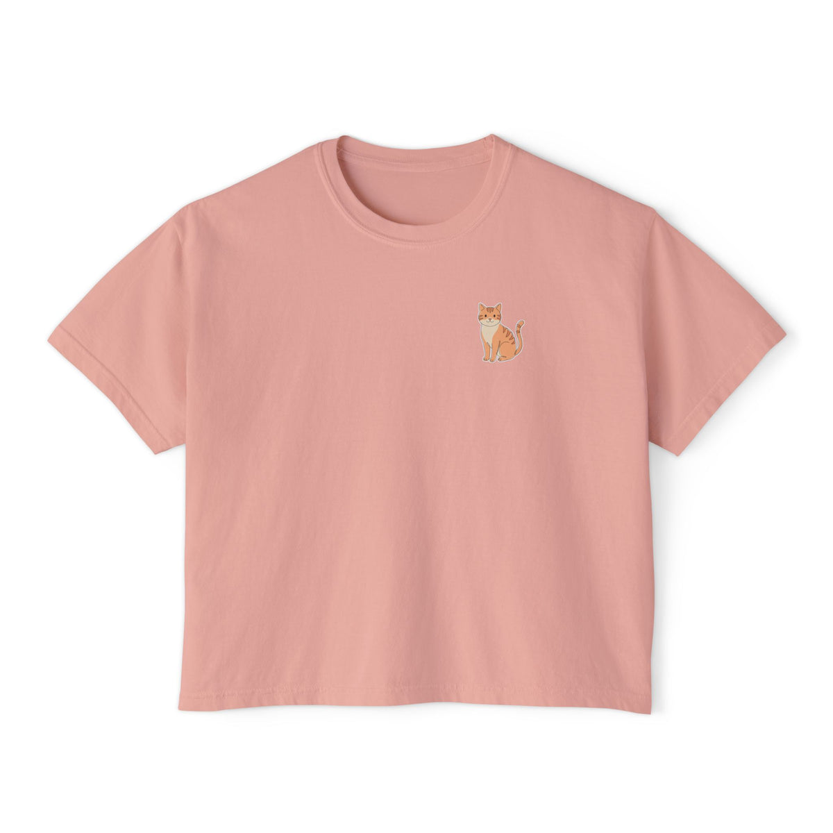 Boxy Tee — Minimal Tabby Cat Line Art Chest Graphic, Casual Women's Crop Top